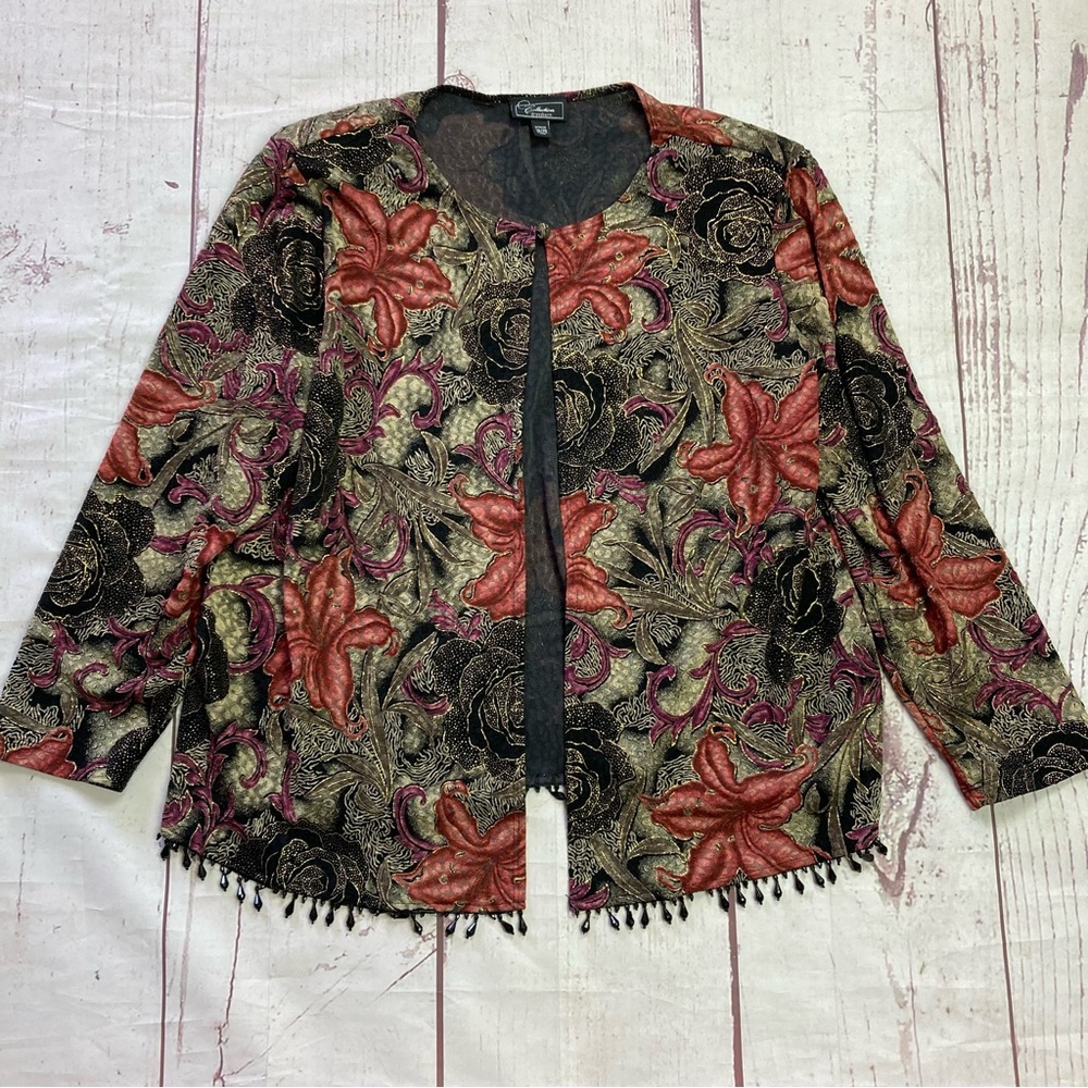 Dressbarn Size 18 20 Beaded Fringe Cardigan Black Floral Glitter Textured Slinky